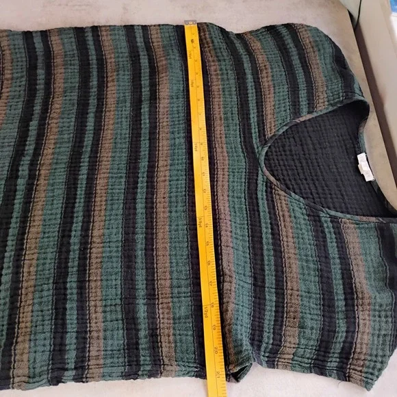 Eileen Fisher Gauzy Organic Cotton Top Womens L/XL Black Green Tan Stripes - Picture 10 of 10